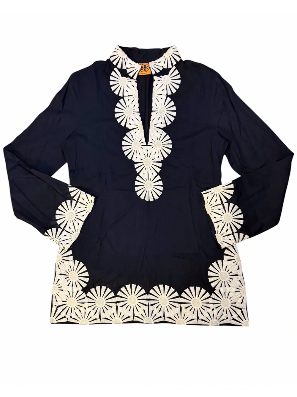 Tory Burch Navy Tunic Top Embroidered Trim Size 12